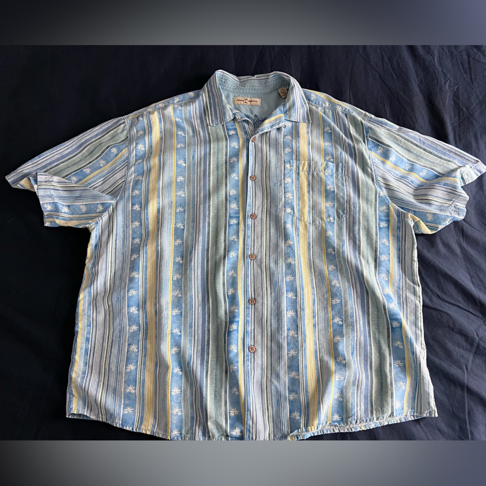 Tommy Bahama Big and Tall silk camp shirt. Size 2XB. Palm trees on stripes.